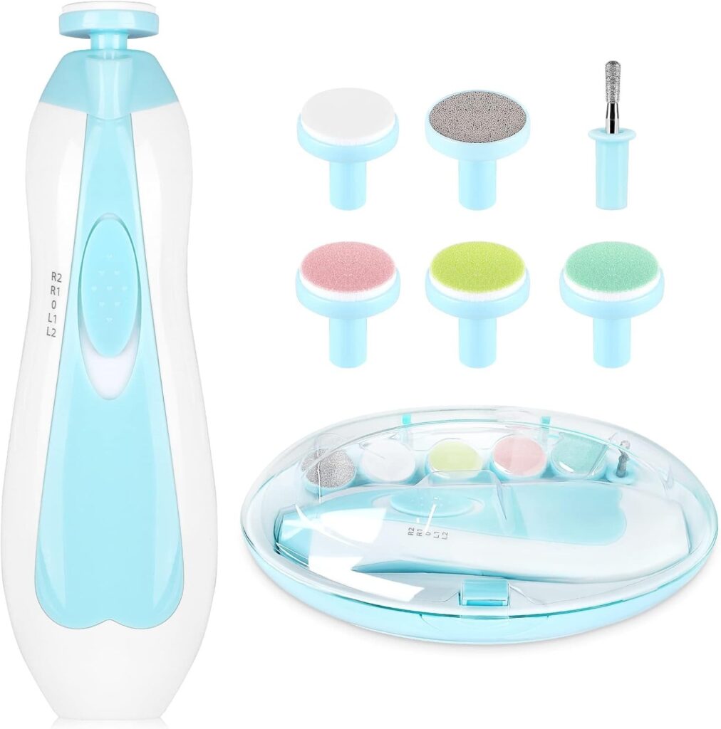 Electric Baby Nail Trimmer & File Set – 6 Filing Heads – LED Light – Low Noise – Newborn Safe